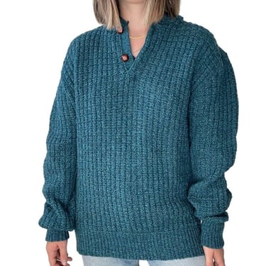 Vintage 1990s Teal Blue Wool Chunky Knit Henley Oversized Sweater Sz L 