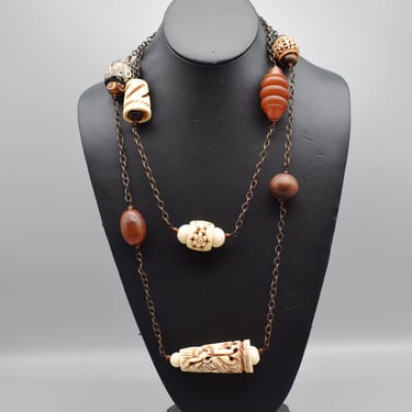 Long 60's tribal necklace carved bone bakelite wood copper & glass, mixed media brass chain boho statement 
