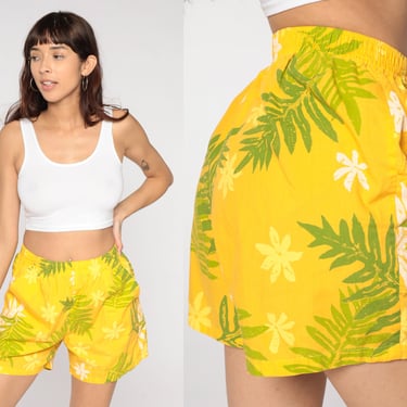 Tropical Shorts 90s Yellow Shorts Floral Leaf Print Retro High Waisted Elastic Waist Boho Summer Bottoms Vintage 1990s Small S 