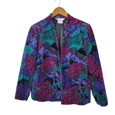 Vintage Velvet Jacket 16 Romantic Floral Blazer Teal Purple Pink Open Front Art 