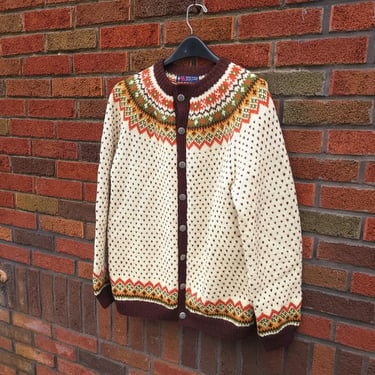 Vintage 1970's Nordic Birdseye Fair Isle Hand Knit Norway Cardigan Sweater / Men's M to L / Women's XL 