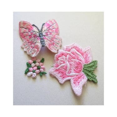 Vintage Patch Set - 70s 80s Sew On Patches - Pink Butterfly Rose Flowers - Boho Hippie Appliques 