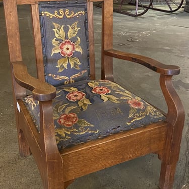 Short Floral Carved Needlepoint Arm Chair