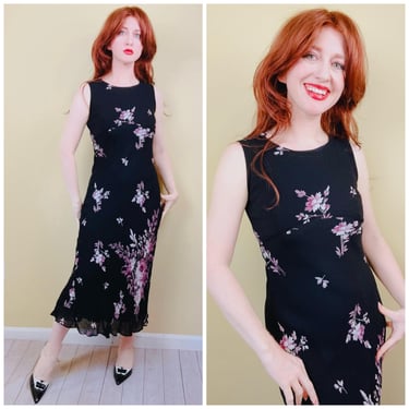 1990s Vintage Nostalgia Rayon Purple Floral Print Dress / 90s Black Empire Waist Bias Cut Tank Dress / Small 