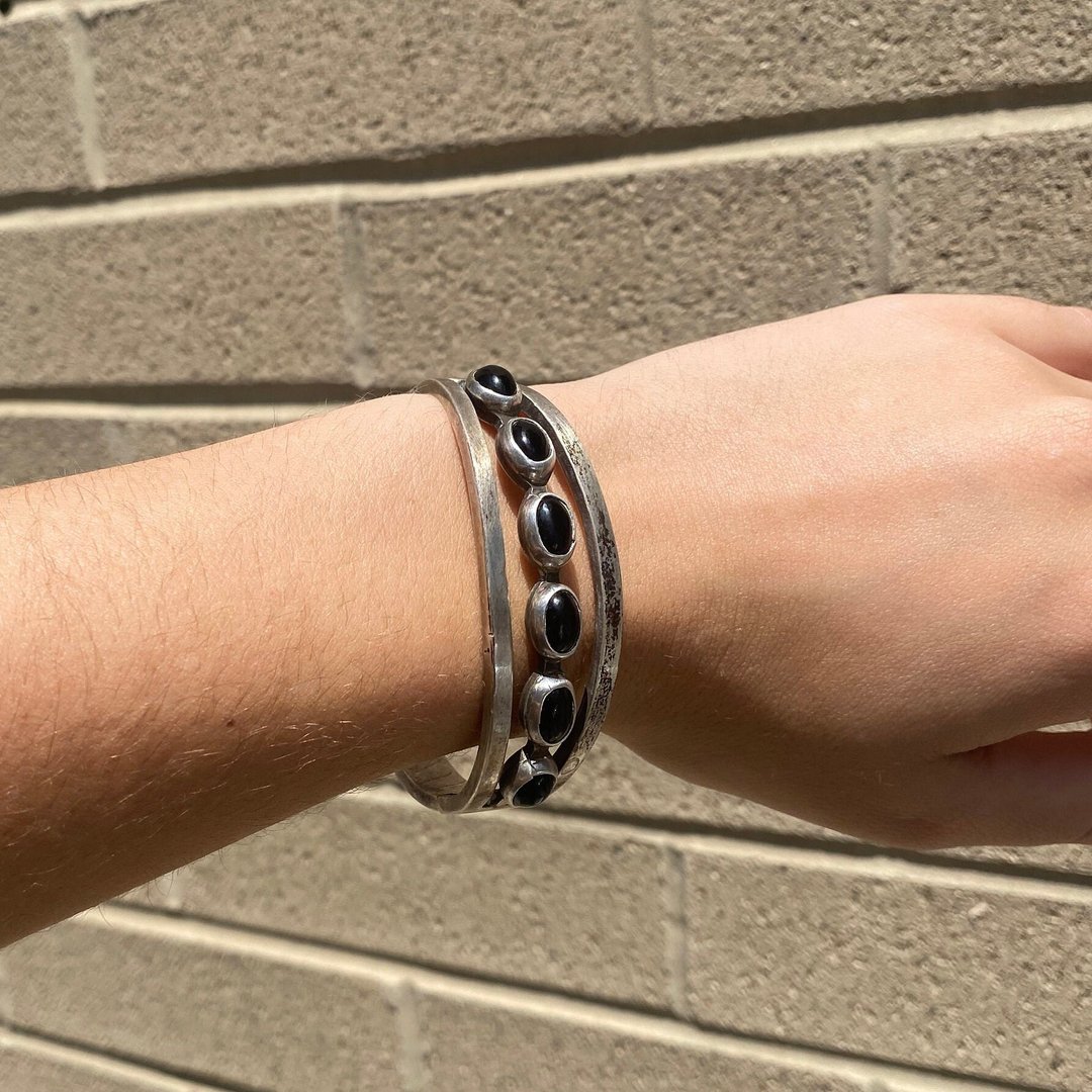 Vintage TAXCO Modernist Sterling Silver Onyx Cuff Bracelet