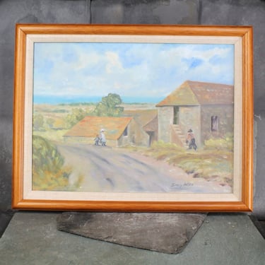 Original, Signed Oil Painting | Vintage Village Scene | Sally Weil Artist | 18x14" Framed Original Art | Seaside Pastoral 