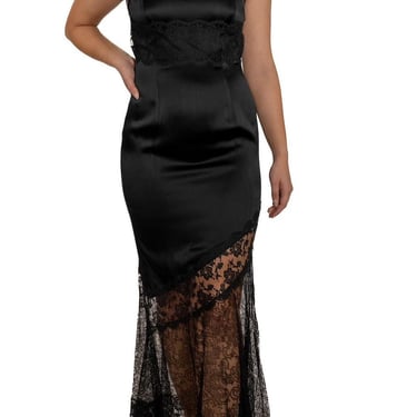 1990s Black Beaded Silk Chiffon & Chantilly Spider-Web Lace Gown With Shredded Fringe 