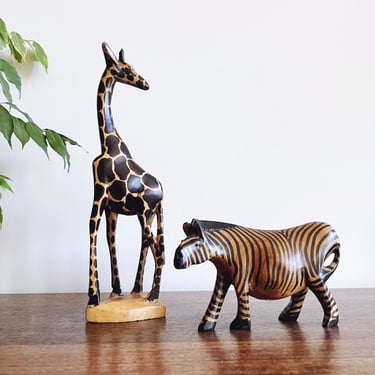 Vintage Zebra and Giraffe Figurines - Hand-carved in Kenya 