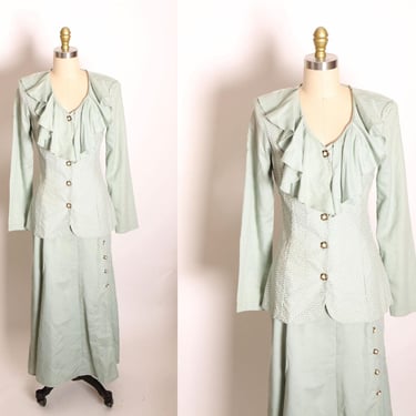 1970s 1980s Mint Green and White Polka Dot Ruffle Long Sleeve Blouse with Matching Skirt Two Piece Outfit by Fame -XS 