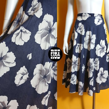 Comfy Vintage 70s 80s Dusty Navy Blue Floral Mid-Length Skirt 