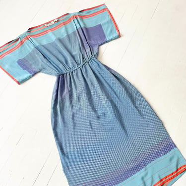 1980s Blue Geometric Print Silk Dress 