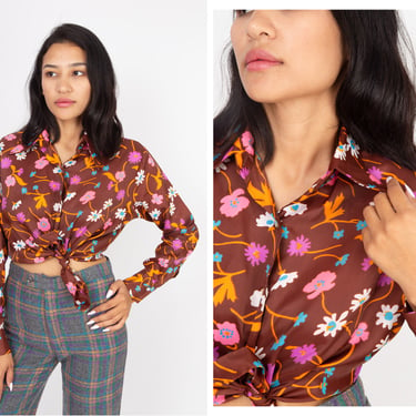 Vintage 1970s 70s Brown Floral Technicolor Psychedelic Button Up Long Sleeve Blouse w/ Dagger Collar 