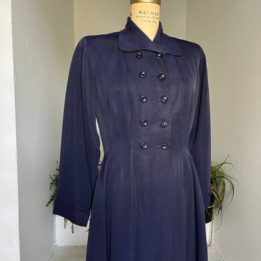 1940s Navy Blue Textured Rayon Gabardine Double Breasted Princess Coat Vintage  38 Bust 