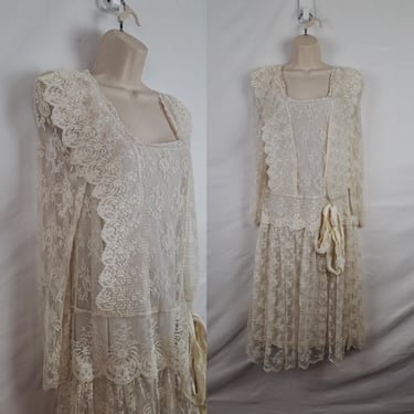 Vintage 80s Cream Lace Overlay & Slip Dress, Size Extra Small 