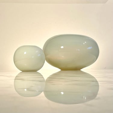 Pair of handblown opalescent art glass vases by Henry Dean 