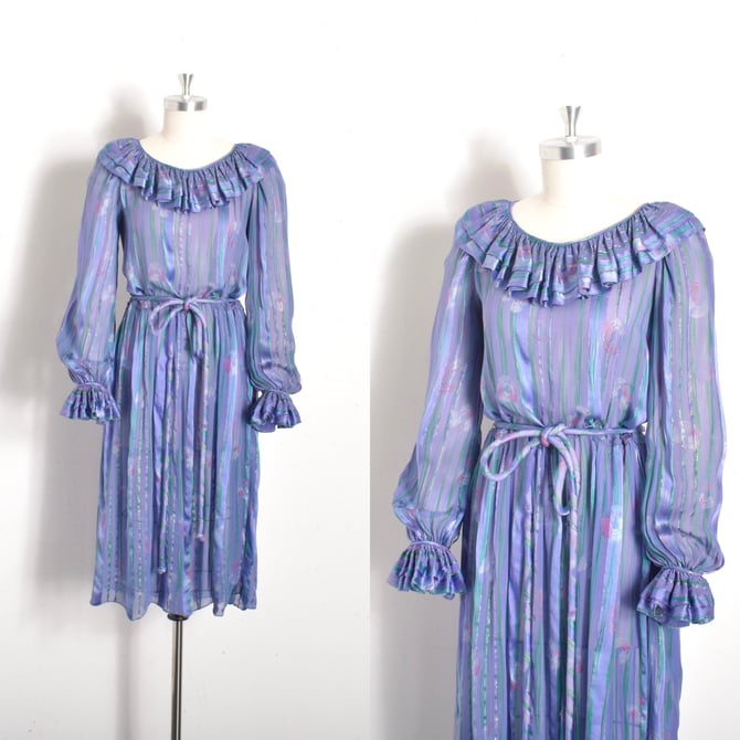 Vintage 1980s Dress / 80s Mary McFadden Silk Ruffle Dress / Periwinkle ( S M ) 
