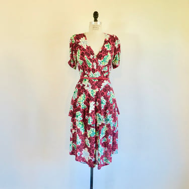 Vintage 1940's Red and Green Rayon Floral Day Dress Peplum WW2 Era Rockabilly Swing 29.5