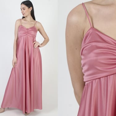 Pink Disco Style Dress, Spaghetti Strap Gown, Grecian Goddess Style, Long Full Skirt 