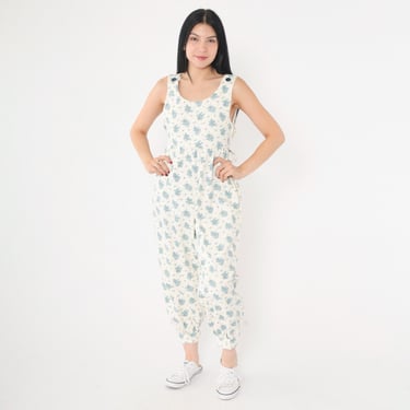 Vintage 80s Floral Jumpsuit Off-White Blue Cottagecore Overalls Sleeveless Button Shoulder Cropped Harem Pants Summer Extra Small xs 