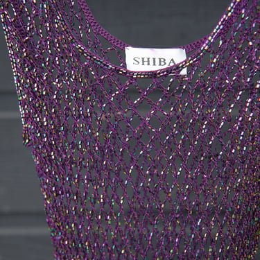 90s y2k Beaded Crochet Dress / Beach Cover Up | Iridescent Purple Sheer Fishnet Maxi Dress 