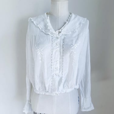 Antique Edwardian 1910s Sailor Collar White Cotton Blouse / M 