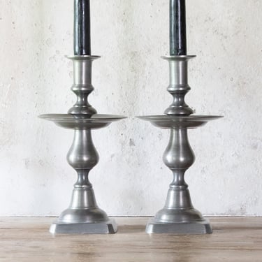 Pair of Pewter Candle Holders, Set of Two Vintage Candlestick Holders 