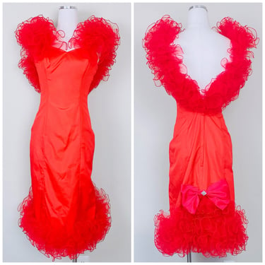 1980s Vintage Custom Made Valerie Bank Red Acetate Wiggle Dress / 80s Ruffled Backless Rhinestone Bow Party Gown / Size Small 