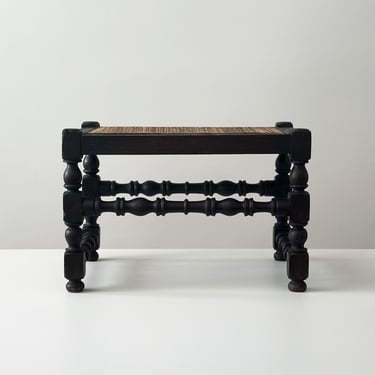 Antique Jacobean Revival Caned Bench - Victorian Era English Oak Footstool with Turned Legs 