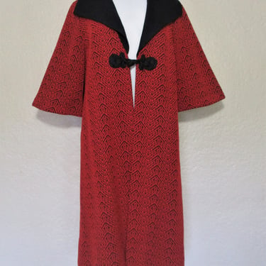 Vintage 1960s Alfred Werber Day Coat, red black textured poly blend, Medium Women 