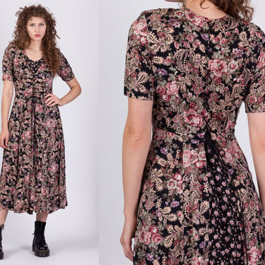 90s Floral Corset Tie Grunge Dress - Medium to Large | Vintage Short Sleeve Lace Up Boho Midi Sundress 
