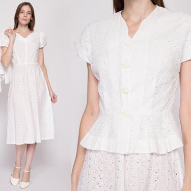 Small 1940s White Eyelet Midi Dress & Jacket Set | Vintage 40s 50s Fit Flare Sheer Cotton Matching Two Piece Outfit 