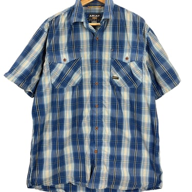 Ariat Rebar Blue Plaid Button Up Shirt Medium