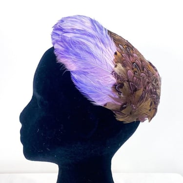1950s Lavender Feather Hat | 50s Lavender & Brown Feather Fascinator | Modern Miss 