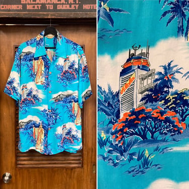 Vintage 1950’s Size XL Aloha Tower Tiki Tropical Crepe Hawaiian Shirt, Loop Collar, Matching Pocket, 50’s Vintage Clothing 