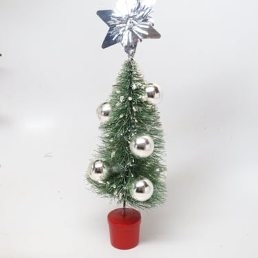 Vintage 1950's 7 Inch Sisal Bottle Brush Christmas Tree, Decorated with Mercury Glass Ornaments 