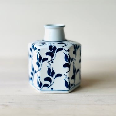 Blue and White Hand Painted Hexagonal Porcelain Bud Vase Designed for Albert Kessler & Co. 