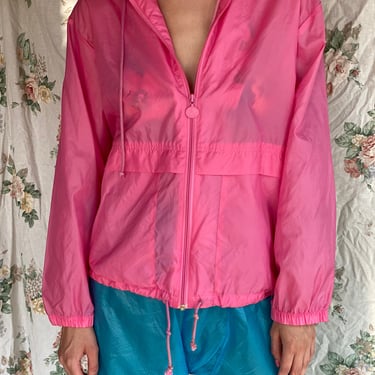 1980's Swishy Jacket / Bubblegum Pink Windbreaker Parka Jacket / Oversized Hooded Jacket / Gender Neutral / Barbie Pink 