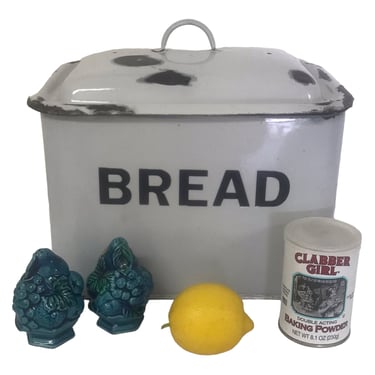 Vintage Made in England Enamel Breadbox | Large White & Black Metal BREAD Bin | Vintage Kitchen Storage 
