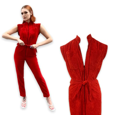 Vtg Vintage 70s 1970s 70s Jody T of California Red Terry Cloth Jumpsuit 