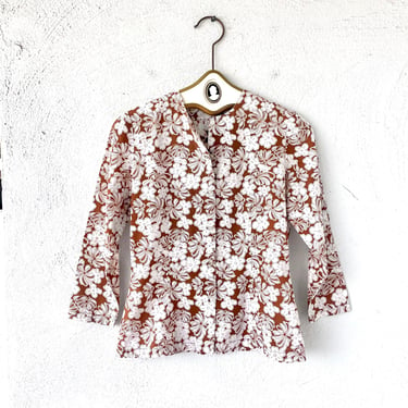 Vintage 1940s Floral Brown White Shirt 40s Feedsack Top 