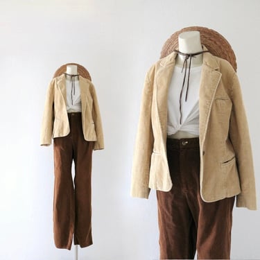 golden corduroy jacket - m- vintage 70s 90s beige womens blazer academia sport coat cord size medium cropped 