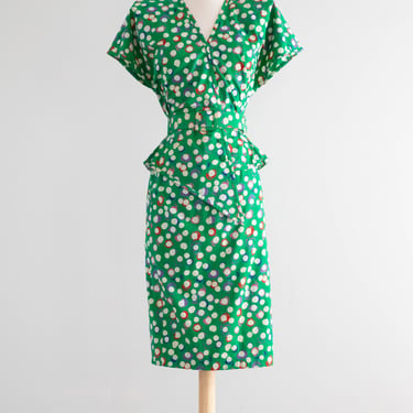 Vintage Emanuel Ungaro Kelly Green Polka Dot Cotton Peplum Dress Suit / Medium