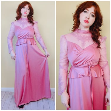 1970s Vintage Pink Mauve Wrap Peplum Dress / 70s / Seventies Sheer Victorian Embroidered High Neck Western Dress / Size Small - Medium 