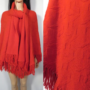 Vintage 70s Cherry Red Textured Knit Poncho With Attached Scarf And Fringe Size S/M 