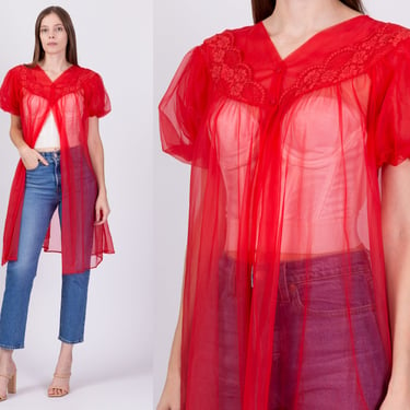 60s Sheer Red Puff Sleeve Peignoir - Medium | Vintage Lace Trim Midi Loungewear Robe 