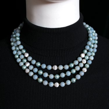 Pretty Vintage 60s Pastel Blue Pearly Beaded 3-Strand Necklace 