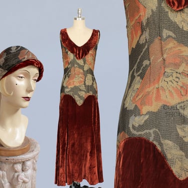 Rare 1920s Dress Set/ 20s Metallic Lamé and Velvet Dress and Flapper Headscarf 