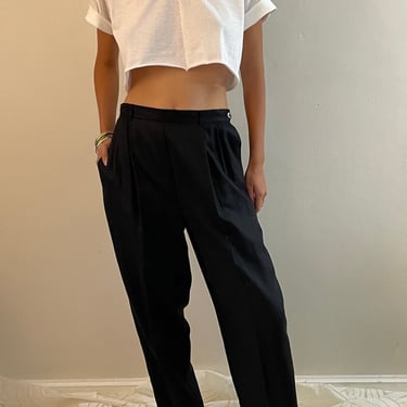 29 linen pleated pants / vintage 90s black linen high waisted pleated side button tall relaxed baggy pants | size 29 