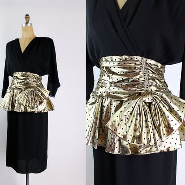 80s Black and Gold Bow Party Dress / 1980s Party Dress / Cocktail Dress /Polka Dot Dress /LBD /Size M/L 