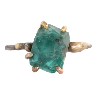 OOAK Zambian Emerald Medium Stone Ring - Oxidized Silver with 14k Rose White Gold + 18k Yellow Gold Claws
